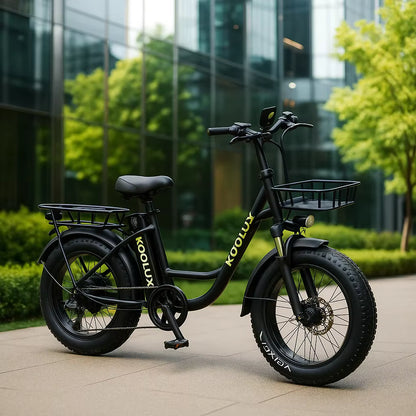 KOOLUX X7 Bicicleta eléctrica en la ciudad con plantas al fondo - Wheelyshop.se